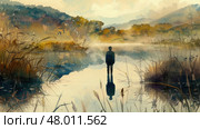 A person reflects on life while standing quietly at the water's edge in nature's serene embrace. Стоковое AI-изображение, AI-художник Данила Большаков / Фотобанк Лори