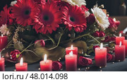 A beautifully arranged tribute table at a memorial service, showcasing red gerbera daisies and roses against a dark velvet backdrop, conveying both grief and beauty. Стоковое AI-видео, аниматор Ирина Старикова / Фотобанк Лори