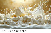 Natural dairy ingredients splash in a creamy blend under warm light. Свежие сливки и масло сливаются в восхитительных брызгах, создавая визуальное зрелище, подчеркивающее сущность натуральных молочных продуктов. Теплый фон подчеркивает сливочную текстуру. Стоковое AI-изображение, AI-художник Katsiaryna Repich / Фотобанк Лори