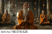 Monks are engaged in deep meditation within a tranquil temple, surrounded by candlelight and ornate decorations. Стоковое AI-изображение, AI-художник Данила Большаков / Фотобанк Лори