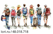 Friends enthusiastically embark on a journey with backpacks and bags under a clear blue sky. Стоковое AI-изображение, AI-художник Данила Большаков / Фотобанк Лори