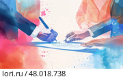 Business partners finalize a contract with vibrant splashes of color representing creativity and commitment. Стоковое AI-изображение, AI-художник Данила Большаков / Фотобанк Лори