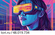 A young woman engages with virtual reality technology, showing fascination and awe in a colorful environment. Стоковое AI-изображение, AI-художник Данила Большаков / Фотобанк Лори