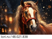 A horse with a luxurious mane stands in a snow-covered village illuminated by soft lights. Стоковое AI-изображение, AI-художник Данила Большаков / Фотобанк Лори