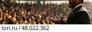 A coach passionately inspires a large audience at a stadium during a nighttime sports event. Стоковое AI-изображение, AI-художник Данила Большаков / Фотобанк Лори