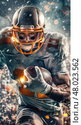 A football player sprints with the ball amidst a vibrant crowd under stadium lights. Стоковое AI-изображение, AI-художник Данила Большаков / Фотобанк Лори
