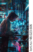 A scientist carefully mixes chemicals under vibrant laboratory lights, surrounded by various glassware and equipment. Стоковое AI-изображение, AI-художник Данила Большаков / Фотобанк Лори