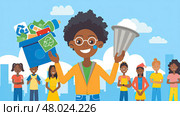 A cheerful child holds recycling materials and a trash can, encouraging others to participate in environmental cleanliness. Стоковое AI-изображение, AI-художник Данила Большаков / Фотобанк Лори