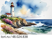 Vibrant coastal lighthouse with clifftop flowers and ocean waves under blue skies. Стоковое AI-изображение, AI-художник Башкирова Анна / Фотобанк Лори