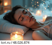 Peaceful woman sleeping in candlelit room with soft magical atmosphere and glowing sparkles. Стоковое AI-изображение, AI-художник Mariya Suranova / Фотобанк Лори