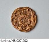 Медная Ордынская монета - Пул хана Джанибека, Сарай аль - Джедид, сер. XIV века. На монете цветок из шести лепестков, и от лепестков, в разные стороны смотрят шесть тюльпанов. Стоковое фото, фотограф Павел Просянов / Фотобанк Лори