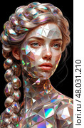 Reflective image of a woman with a geometric mother-of-pearl pattern on a black background. Стоковое AI-изображение, AI-художник Анастасия Пальчикова / Фотобанк Лори