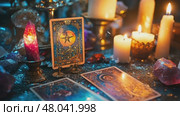 Mystical tarot card reading session with colorful candles and crystals in a dimly lit space. Стоковое AI-видео, аниматор Ekaterina Ismagilova / Фотобанк Лори