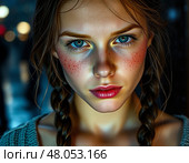 Красивая славянская девушка с веснушками. Стоковое AI-изображение, AI-художник Ольга Денис / Фотобанк Лори