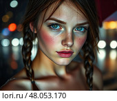 Красивая славянская девушка с веснушками. Стоковое AI-изображение, AI-художник Ольга Денис / Фотобанк Лори