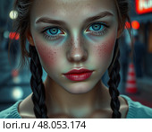 Красивая славянская девушка с веснушками. Стоковое AI-изображение, AI-художник Ольга Денис / Фотобанк Лори