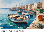 Mediterranean fishing village harbor with colorful boats moored by waterfront. Стоковое AI-изображение, AI-художник Башкирова Анна / Фотобанк Лори