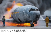 Firefighters extinguishing burning airplane on runway. Стоковое AI-видео, аниматор Юрий Поздников / Фотобанк Лори