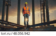 Engineer on constructing site, man in helmet hold tool in hand. AI Generative. Стоковое AI-видео, аниматор Spirit River / Фотобанк Лори