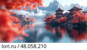 Serene Asian Lakeside Temples Amidst Autumnal Landscape: A Digital Painting. Стоковое AI-изображение, AI-художник Данила Большаков / Фотобанк Лори