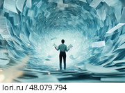 A person is caught in a swirling vortex of flying documents, showcasing an expression of disbelief. This dynamic scene captures the chaos and overwhelm often associated with administrative tasks. Стоковое AI-изображение, AI-художник Nart / Фотобанк Лори