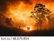 A dedicated firefighter faces a roaring forest fire, enveloped by engulfing flames. The intense inferno showcases the courageous battle against nature's fierce blaze, emphasizing the urgency of wildfire management. Стоковое AI-изображение, AI-художник Nart / Фотобанк Лори