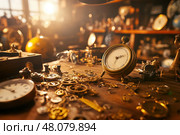 A clockmaker's workshop filled with tools and vintage clocks. This artisan space showcases meticulous craftsmanship as 19th-century timepieces undergo intricate restoration. Стоковое AI-изображение, AI-художник Nart / Фотобанк Лори