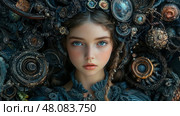 A young girl gazes into the camera, adorned with an elaborate floral and mechanical headpiece that creates a captivating vibe. Стоковое AI-изображение, AI-художник Данила Большаков / Фотобанк Лори