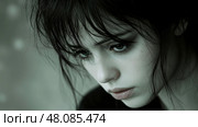A young woman with dark, tousled hair displays a somber expression while lost in thought in a dimly lit environment, showcasing her introspective mood. Стоковое AI-изображение, AI-художник Данила Большаков / Фотобанк Лори