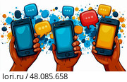 Three hands grasp smartphones displaying colorful speech bubbles on a lively, artistic backdrop conveying the essence of digital conversation. Стоковое AI-изображение, AI-художник Данила Большаков / Фотобанк Лори