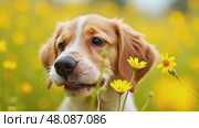 A dog's nose peeks out from behind bright wildflowers, close-up. The concept of pollen allergy, animals, pets, dogs, seasonal allergies. Стоковое AI-видео, аниматор ketpro.design / Фотобанк Лори