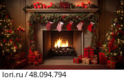 cozy christmas fireplace mantel ai generated. Стоковое AI-изображение, AI-художник Vectorwin / Фотобанк Лори