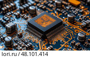 Close-up view of a microprocessor on a circuit board, showcasing detailed wiring, capacitors, and resistors under artificial lighting. Стоковое AI-изображение, AI-художник Данила Большаков / Фотобанк Лори