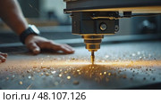 A close-up of a worker's hands operating a CNC machine, metal shavings scattering as the machine carves a precise design under control of operator. Стоковое AI-видео, аниматор Sergey Grishin / Фотобанк Лори