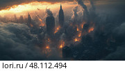 Flames engulf multiple buildings in a city skyline at sunset, creating an intense visual with smoke billowing into the dramatic sky. Стоковое AI-изображение, AI-художник Данила Большаков / Фотобанк Лори