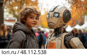 A young boy engages with a humanoid robot amid autumn foliage and festival-goers enjoying activities and food stalls in the background. Стоковое AI-изображение, AI-художник Данила Большаков / Фотобанк Лори