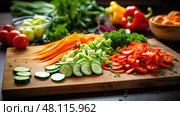 chopping ingredients on table ai generated. Стоковое AI-изображение, AI-художник Vectorwin / Фотобанк Лори