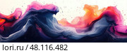 Swirling colors create a dynamic wave-like pattern, showcasing rich hues of purple, orange, and blue in an artistic expression of movement. Стоковое AI-изображение, AI-художник Данила Большаков / Фотобанк Лори