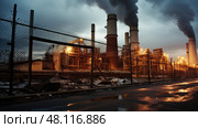 smokestacks coal-fired power plant. Стоковое AI-изображение, AI-художник Vectorwin / Фотобанк Лори
