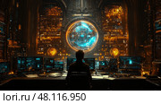 A person sits in a darkened room filled with monitors and glowing data visualizations, engrossed in advanced technological displays and analytics. Стоковое AI-изображение, AI-художник Данила Большаков / Фотобанк Лори