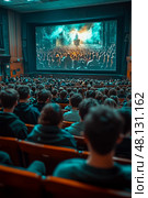 Audience fills the theater, captivated by a vibrant film on a giant screen, displaying an engaging story, creating a lively evening atmosphere. Стоковое AI-изображение, AI-художник Данила Большаков / Фотобанк Лори