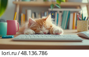 Naptime on Tech: Ginger Kitten Dozing on a Keyboard for a Fun Office Wallpaper. Стоковое AI-изображение, AI-художник Данила Большаков / Фотобанк Лори
