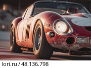 Close-up of a vintage racing car on the speedway of the autodrome. Стоковое AI-изображение, AI-художник Алексей Кузнецов / Фотобанк Лори