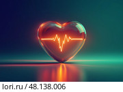 Heart shaped glass with a glowing heartbeat line reflects health and vitality. Стекло в форме сердца со светящейся линией сердцебиения отражает здоровье и жизненную силу. Стоковое AI-изображение, AI-художник Katsiaryna Repich / Фотобанк Лори
