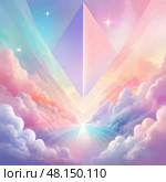 A surreal atmosphere envelops a radiant pyramid, nestled among fluffy, pastel clouds. Soft beams of light emerge, creating an enchanting and dreamlike ambiance at twilight Generative AI. Стоковое AI-изображение, AI-художник Юлия Петровская / Фотобанк Лори