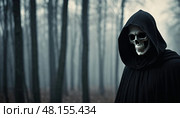 A cloaked figure with a skull mask stands silently among dark, misty trees, creating an unsettling atmosphere as twilight descends on the forest Generative AI. Стоковое AI-изображение, AI-художник Юлия Петровская / Фотобанк Лори