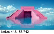 In a serene setting, vibrant pink stairs ascend from the blue water, leading to a sheltered space, framed by a vast sky filled with clouds. Стоковое AI-изображение, AI-художник Данила Большаков / Фотобанк Лори