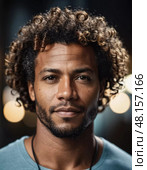 Capturing a moment of self-assuredness, a man with curly hair gazes forward, adorned in a casual shirt. The urban twilight ambiance shines softly in the background Generative AI. Стоковое AI-изображение, AI-художник Юлия Петровская / Фотобанк Лори