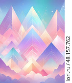 Mountains rise majestically, their peaks adorned with pastel hues of pink, blue, and lavender. Soft clouds linger below as a magical light illuminates the serene, ethereal atmosphere Generative AI. Стоковое AI-изображение, AI-художник Юлия Петровская / Фотобанк Лори