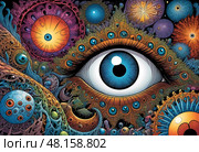 A mesmerizing eye dominates the composition, surrounded by a kaleidoscope of vibrant celestial orbs and swirling patterns Generative AI. Стоковое AI-изображение, AI-художник Юлия Петровская / Фотобанк Лори
